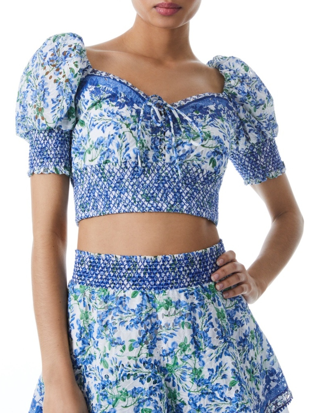 NWT ALICE + OLIVIA Crawford Floral Puff Sleeve Cotton Silk Crop Top Sz. L